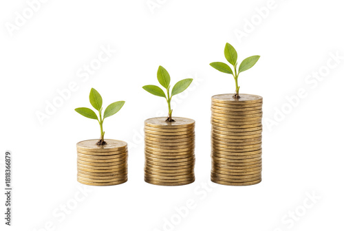 Canvastavla Stacks of golden coins with green sprouts isolated PNG, concept of financial gro