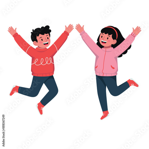 Happy kids joyfully jumping in warm winter outfits, illustrated in a bright flat kawaii style that highlights fun, energy, and cheerful moments suitable for creative seasonal themes
