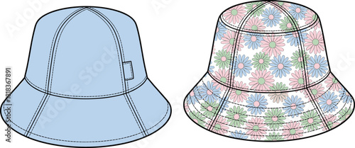 cad drawing flat vector illustration, bucket hat fashion sketch, plain floral design template, headwear construction detail, apparel accessory icon