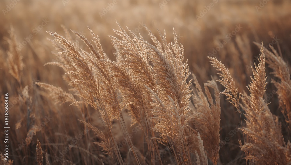 Obraz premium Autumn dusk over a field of dry pampas reeds in bohemian style, showcasing natural textures with selective focus.