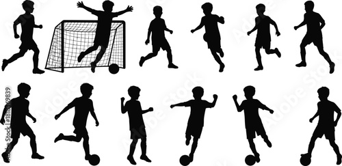 Dynamic black silhouette set of young soccer football players in action poses running kicking scoring goals, vector illustration for sports background design concept graphics