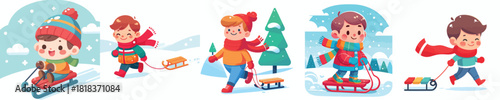vector of a little boy pulling a sled in the snow