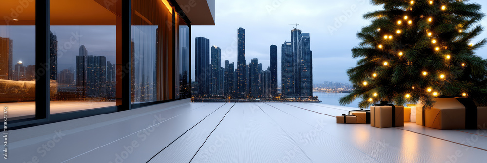 Obraz premium Christmas tree with glowing lights and wrapped gifts on a penthouse terrace overlooking a vast city skyline at dusk, blending luxurious modern holiday warmth and urban elegance