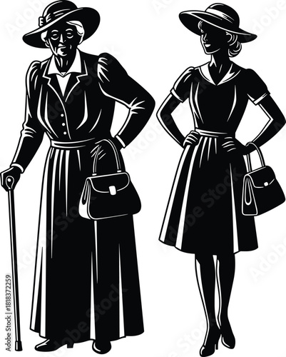 Elegant vintage women silhouettes capturing generational style evolution, from elderly matron with cane and long coat to youthful lady in fashionable hat, showcasing timeless fashion history contrast