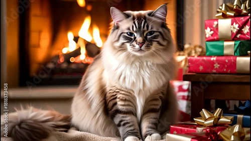 Cozy сat by fireplace with Christmas gifts – warm holiday scene with festive atmosphere. AI generated.