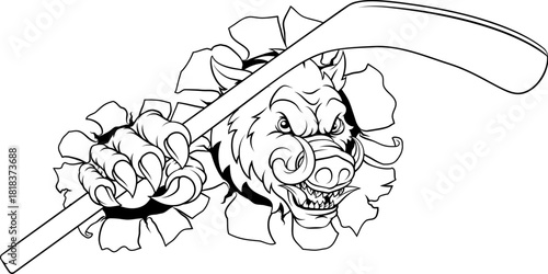 A wild boar, hog razorback warthog pig hockey sports cartoon mascot
