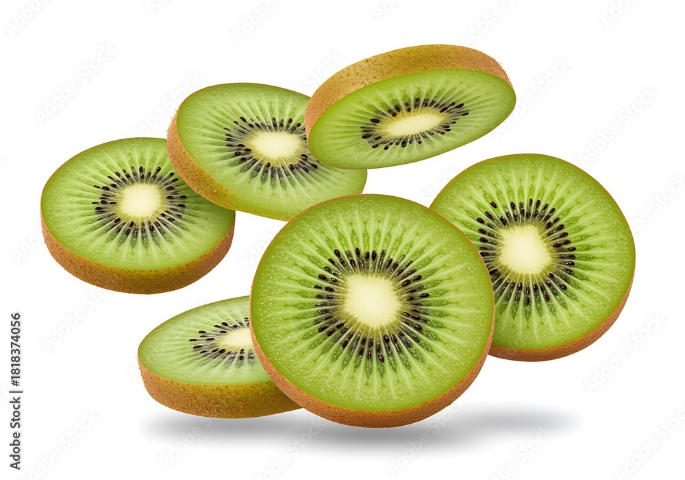 Fototapeta premium Fresh Sliced Kiwi Fruit Arrangement on White Background Offering a Healthy and Vibrant Tropical Food Option