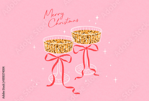 Hand drawn card of Merry Christmas with glitter glasses champagne. Vintage illustration with golden sparkle celebration drink and bows. Modern design for poster, cover, invitation, banner, flyer