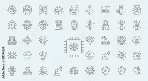 Artificial intelligence and machine learning technology icons set.