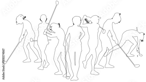 Silhouette golf player set. Active golfers golfing sports people healthy players fitness silhouettes concept.
