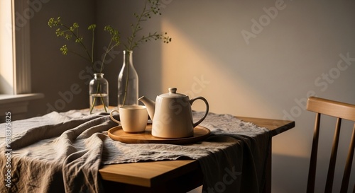 A tea set sits on a wooden table draped with a linen cloth Sunlight illuminates the scene near window chair plants