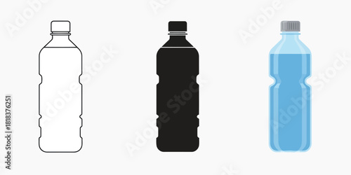 Water bottles in Three styles vector set line art, silhouette and color version 