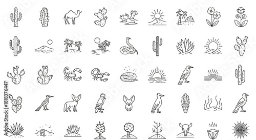 Desert Life and Nature Doodle Icon Set Collection.