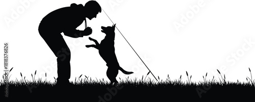 Black silhouette vector illustration of man training dog in grass field, pet owner playing with german shepherd outdoors, isolated on white background.