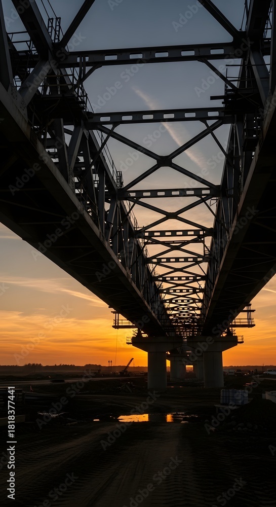 Naklejka premium Underneath a steel bridge at sunset, a dramatic sky unfolds with warm hues