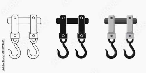Crane hook icons in Three styles vector set line art, silhouette and color version for various applications