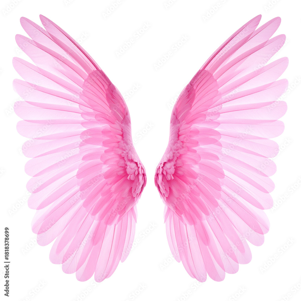Fototapeta premium Pink flower isolated on white with a beautiful vector illustration of a flying heart with angel wings and a valentine love symbol design
