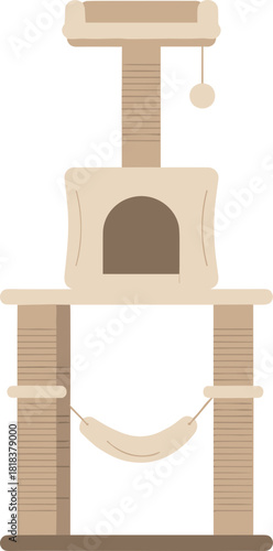 Modern cat tree condo with scratching posts hammock and toy ball.