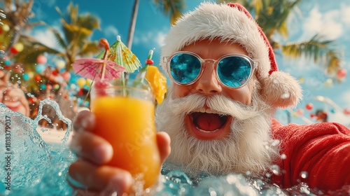 Santa Claus in sunglasses takes a selfie in the pool holding a bright tropical cocktail, with palm trees and water splashes around, capturing the mood of a summer Christmas vacation.