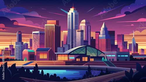 Very beautiful dusk view of the Tulsa skyline, where twilight hues blend with glowing city lights to highlight modern architecture and the vibrant urban landscape, capturing the evolving spirit and co