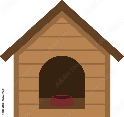 Classic wooden dog house kennel with red bowl isolated illustration.