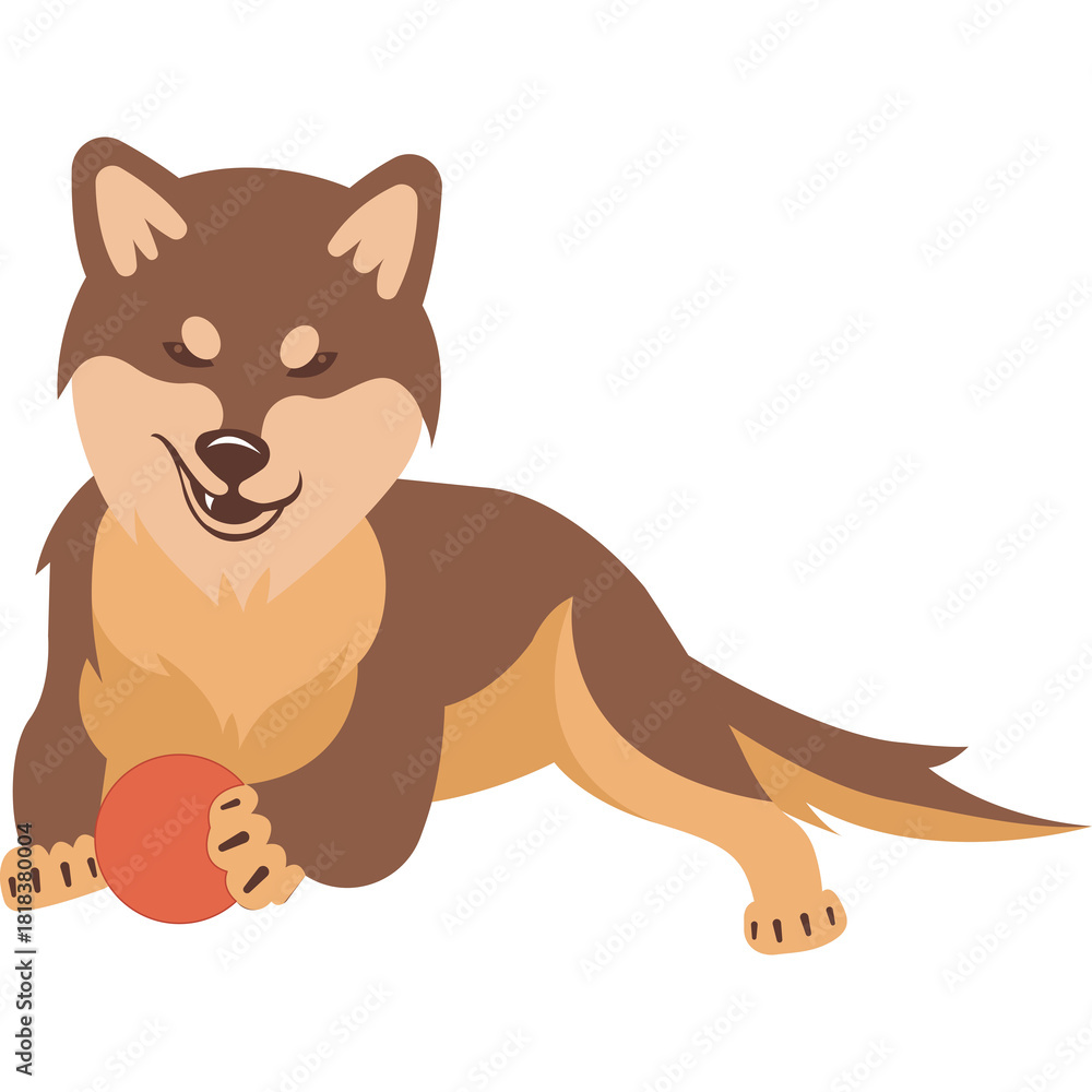 Obraz premium A Happy Shiba Inu Dog Lying Down Holding a Red Ball in Its Paws with Eyes Closed and a Smile on its Face Against a Transparent Background