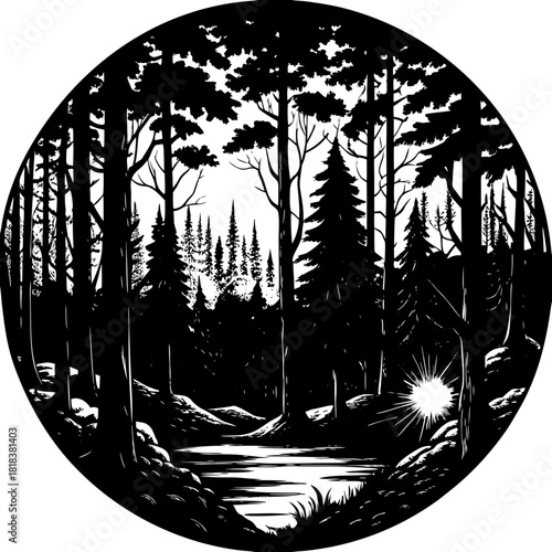 A serene forest scene with a tranquil pond and sunlit clearing is captured in this circular black and white illustration, showcasing natures beauty and peacefulness