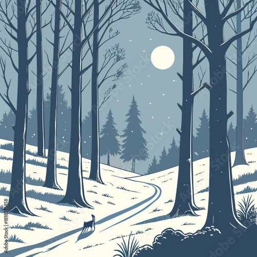 A serene winter landscape unfolds with snowcovered hills, tall trees, and a full moon illuminating the scene, as a lone deer walks along a path, creating a peaceful and tranquil atmosphere