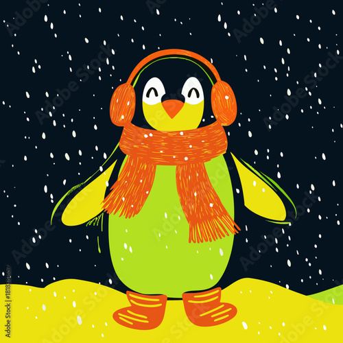 A whimsical cartoon penguin, wearing orange earmuffs and a scarf, stands against a snowy night backdrop, exuding charm and warmth in the winter season