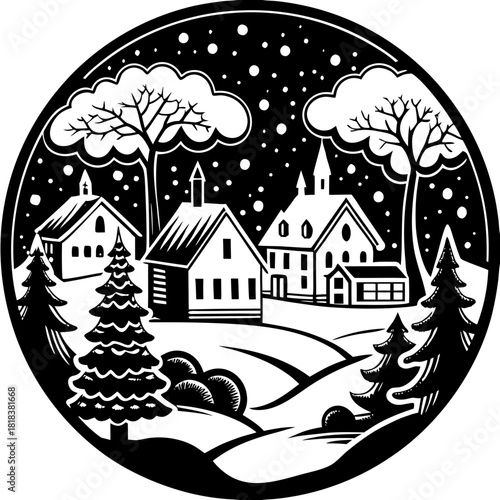 A winter village scene with houses, trees, and snow falling, creating a serene and festive atmosphere in a circular frame isolated on