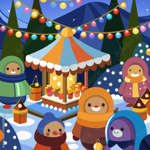 Festive winter market illustration featuring cute characters, colorful lights, and market stalls selling treats, creating a joyful and whimsical atmosphere for the holiday season