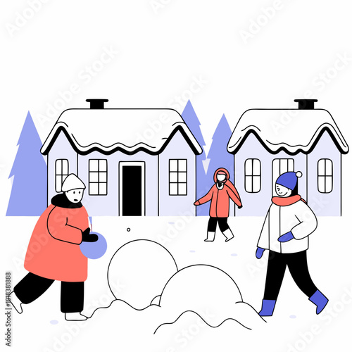 Illustration of children playing in the snow near houses, capturing a joyful winter scene with a playful and whimsical style isolated on the artwork conveys warmth