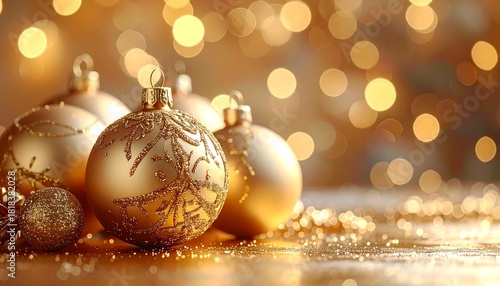 Golden Christmas ornaments rest on a glittery surface with sparkling bokeh lights in the background, creating a festive mood