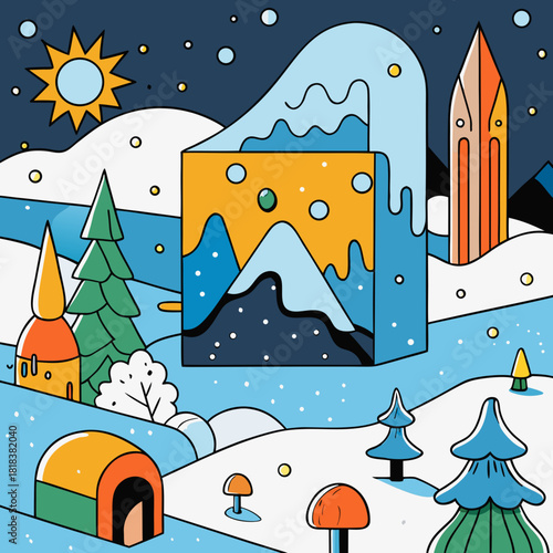 Stylized winter village a colorful cartoon landscape with snowcovered hills, quirky buildings, and playful design elements, capturing the magic and joy of the holiday season in a unique style