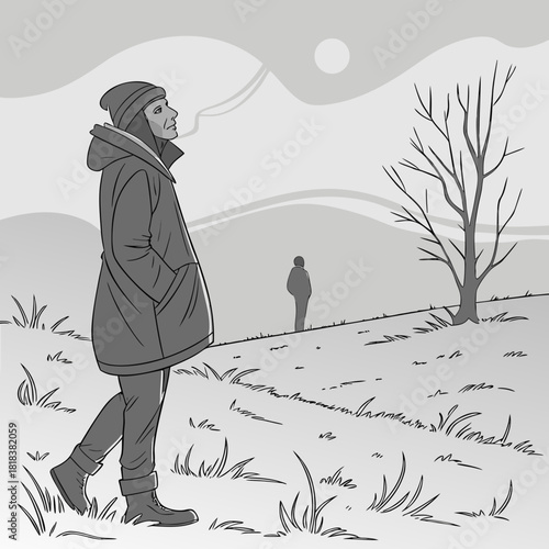 Winter solitude a contemplative woman walking in a snowy landscape, illustrated with a sense of peace and reflection, perfect for evoking the quiet beauty of winter