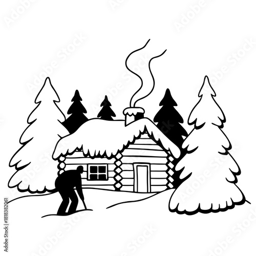 Winter cabin scene isolated on, featuring a rustic log cabin surrounded by pine trees, with a skier enjoying the snowy landscape in a peaceful setting