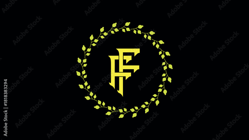 Obraz premium Elegant monogram ff emblem with golden laurel wreath on black background Web