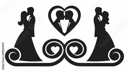 Elegant wedding silhouette design for invitations, celebrations and decorations, romantic couple kissing with heart symbols conveys love and commitment