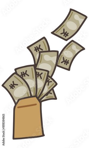 封筒に入っていたお金が飛んでいくイラスト。