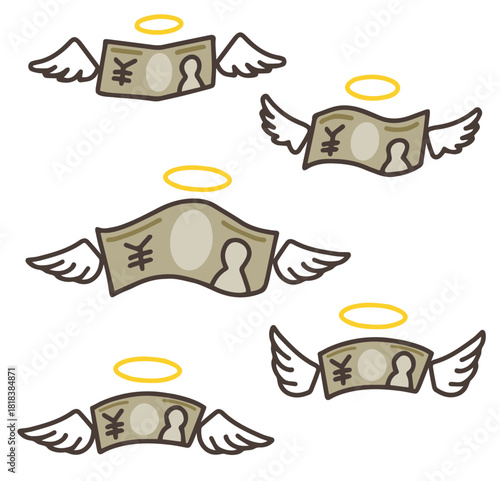 羽の生えたお金のイラストセット。