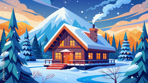 Cabin in snowy landscape with mountain view