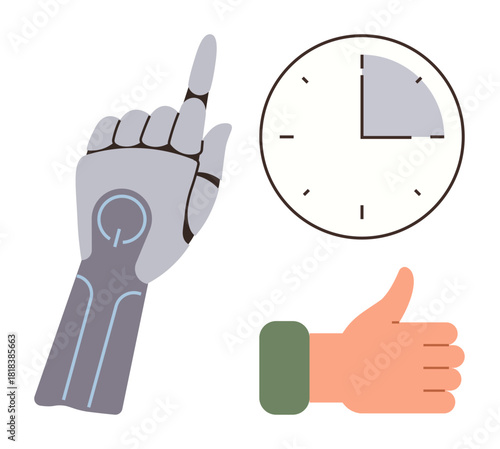 Robotic hand raises finger as analog clock indicates time. Human hand gives thumbs-up. Ideal for automation, time management, technology, decision-making, innovation, teamwork, simple flat metaphor