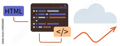 Code editor with programming lines, HTML tag, cloud, and an upward trending arrow. Ideal for software coding, programming, cloud computing, growth data analysis web development innovation. Simple