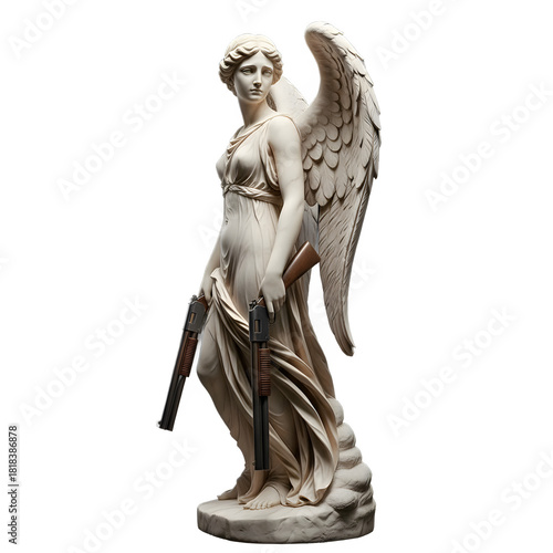 A classical white marble statue of a winged angel or goddess holding two modern shotguns, against a white background.