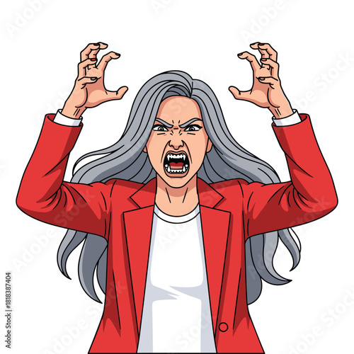 Vector illustration of a furious woman with long grey hair in a red blazer, showing extreme anger, yelling with fangs and raised clawed hands