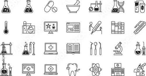 Collection of science and medical line art icons for research