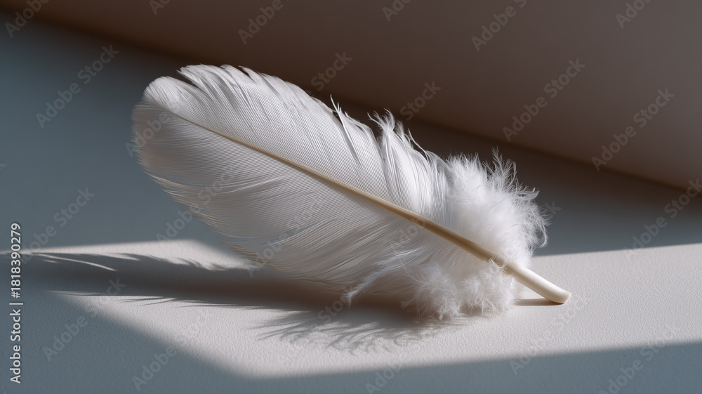 Obraz premium Elegant white feather resting on a smooth surface, casting a delicate shadow in soft natural light, symbolizing purity and tranquility in minimalist design