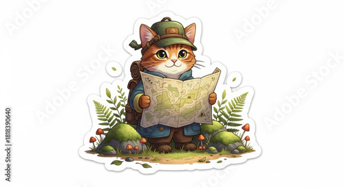 An explorer cat with a tiny backpack and hat studies an ancient map in a forest, a compass by its paw. Perfect for sticker designs, adventure blogs, and travel-themed projects.