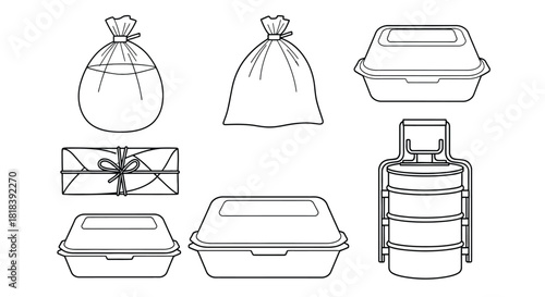 Diverse takeaway food packaging options presented on white backdrop