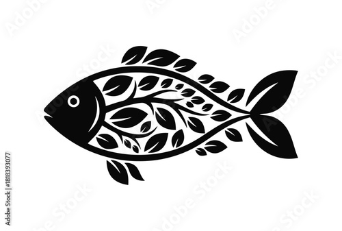 Artistic black and white fish silhouette with leafy branch design